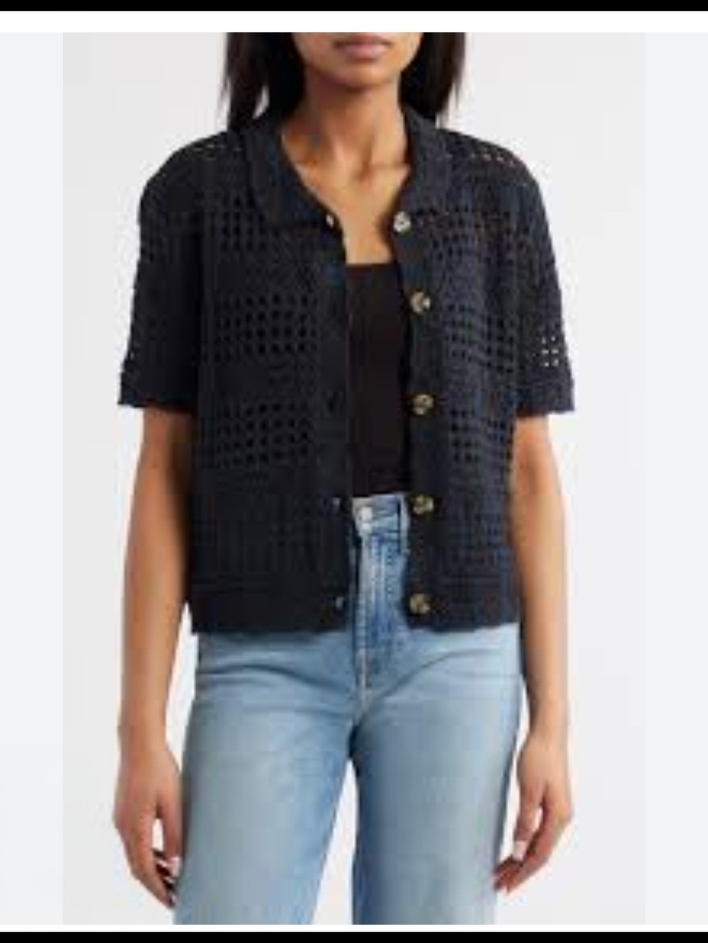 beachlunchlounge Black Crochet Short-Sleeve Buttoned Cardigan